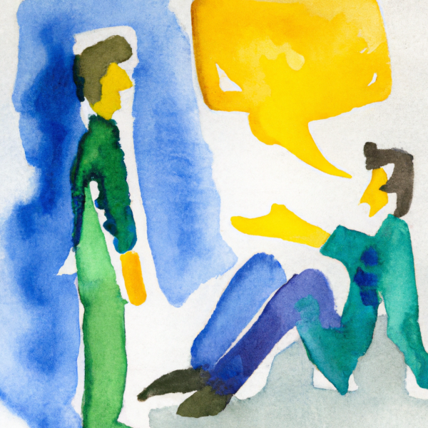 Watercolor of two people. One is talking, and the other is listening.