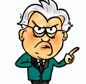 Cartoon drawing of an older man with white hair, and glasses, who is upset.