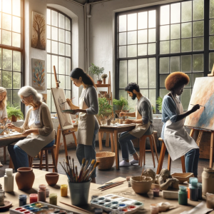 Diverse individuals engaged in art therapy, including a middle-aged Caucasian woman painting, a young African American man sculpting with clay, and an elderly Hispanic woman making a collage in a sunny studio with a garden view.