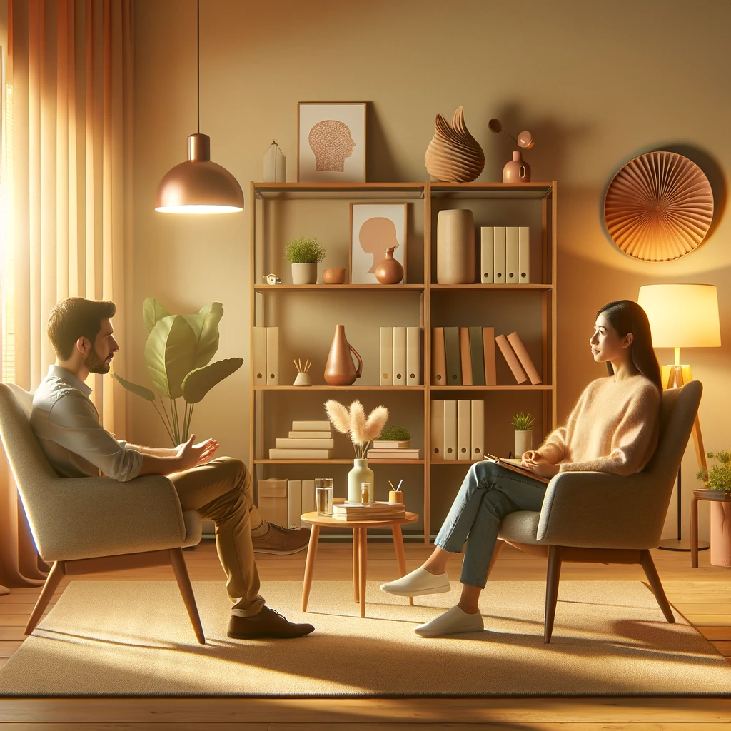 A therapist and a client sit in comfortable chairs facing each other in a serene therapy session setting. The room features warm lighting, soft colors, and plants, creating a calming atmosphere. Bookshelves with psychology books and a small table with a notebook and pen are also visible. The client appears relaxed and thoughtful, while the therapist listens attentively, providing support and guidance.