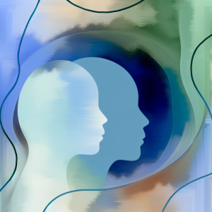 Explore the essence of a therapeutic relationship through this abstract image, featuring calming shades of blue and green and silhouettes symbolizing the deep connection between therapist and client. Perfect for visualizing the harmonious journey of personal growth and understanding in therapy.
