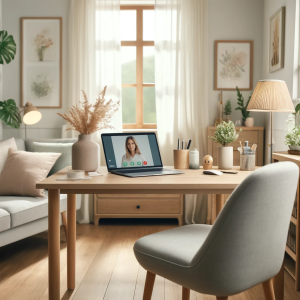 The image depicts a serene and professional home office setup specifically designed for virtual therapy sessions. It features a neat desk with a laptop open to a video call screen, indicating an ongoing session. The room is filled with natural light and decorated with comforting elements like green plants and soft, neutral colors. A comfortable chair provides an inviting space for the client, ensuring privacy and tranquility, ideal for engaging in mental health treatment from home.