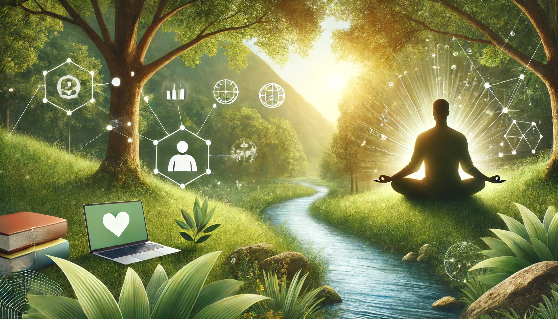 Person practicing mindfulness meditation in a peaceful natural setting with lush greenery, a calm river, and sunlight filtering through the trees, symbolizing balance and tranquility. In the background, a laptop and a book represent the balance between work and personal life.