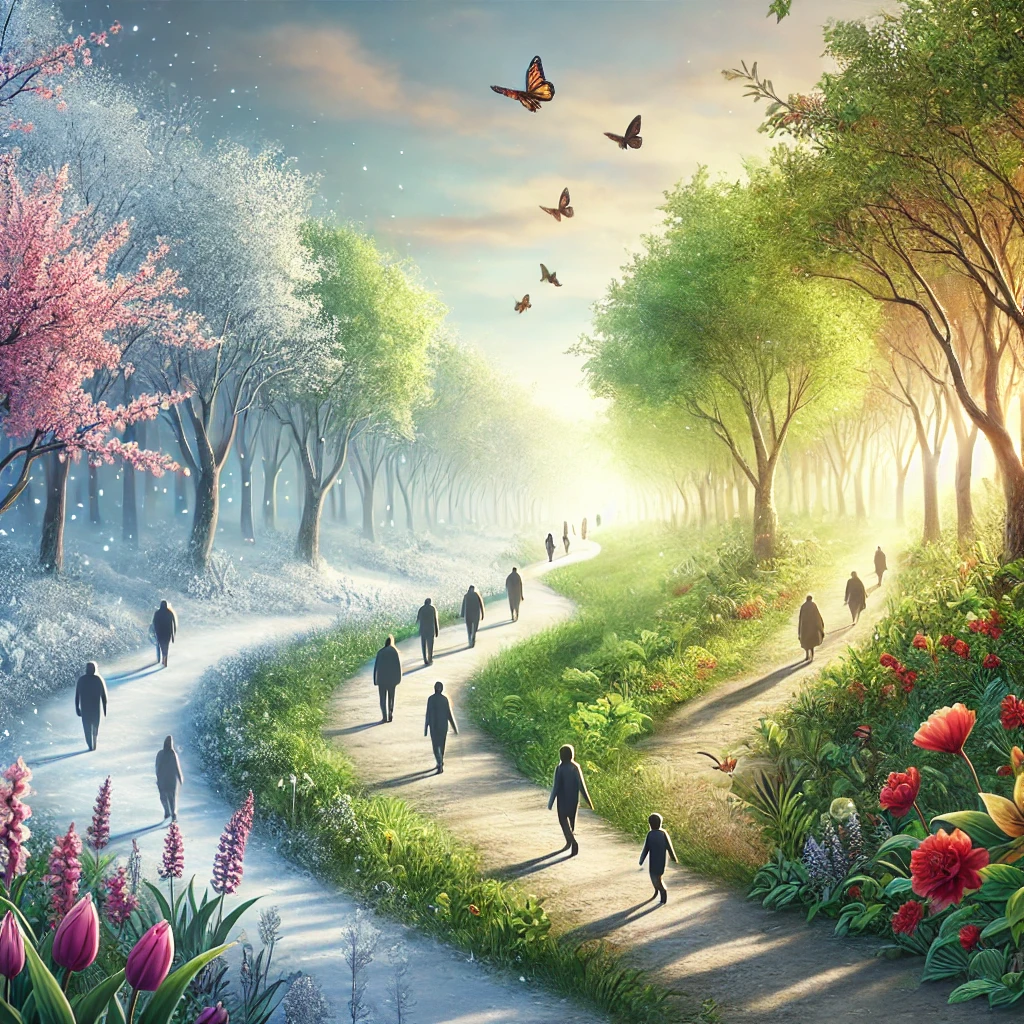 A serene landscape showing a path transitioning through different seasons: spring blossoms, summer greenery, autumn leaves, and winter snow. Silhouettes of people at various life stages, from childhood to old age, walk along the path, symbolizing the journey and transitions of life. Soft light highlights the peaceful and encouraging scene.