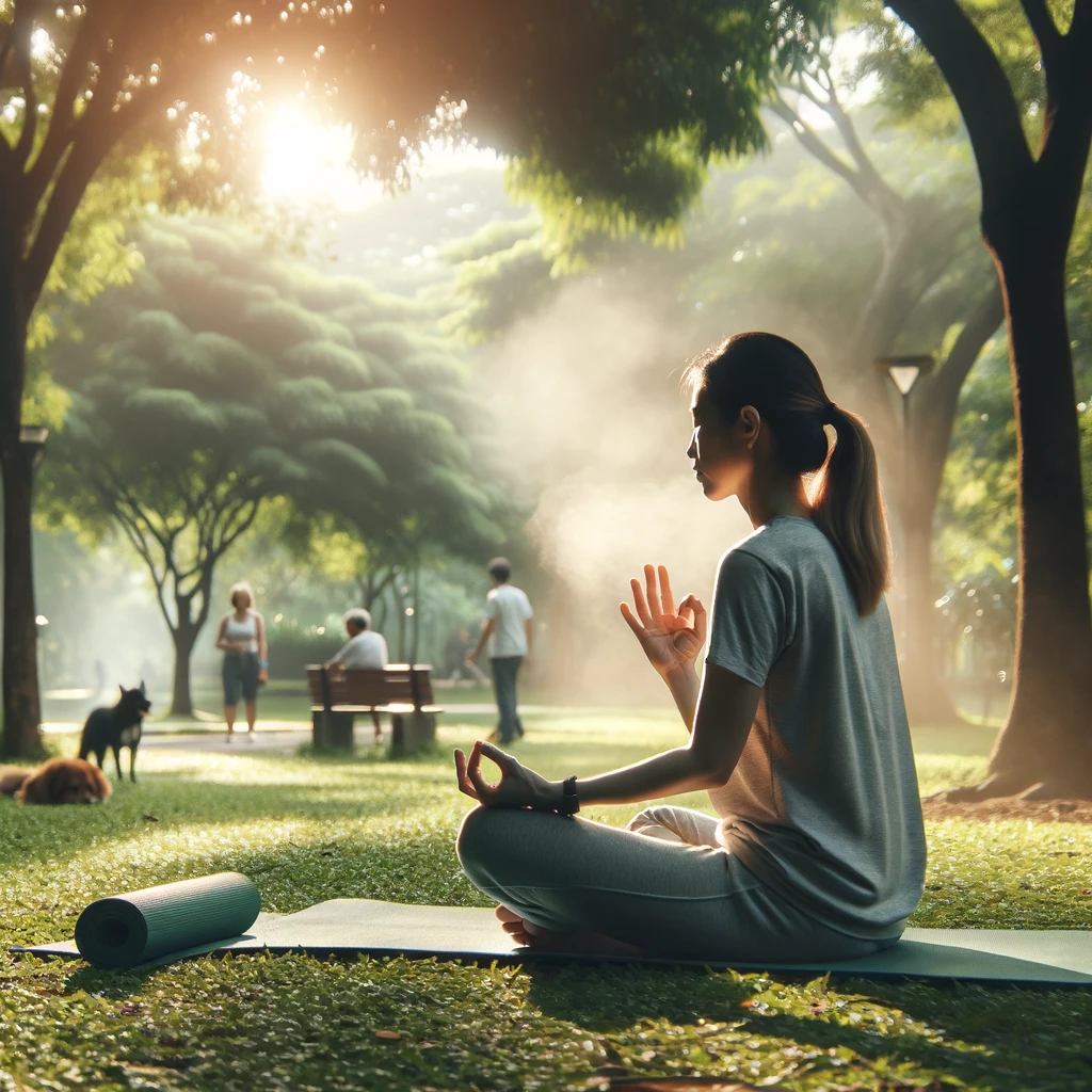 A person sits cross-legged on a yoga mat in a park, practicing deep breathing exercises with eyes closed. Sunlight filters through the trees, creating a peaceful atmosphere. In the background, people are engaged in friendly conversation and walking their dogs.