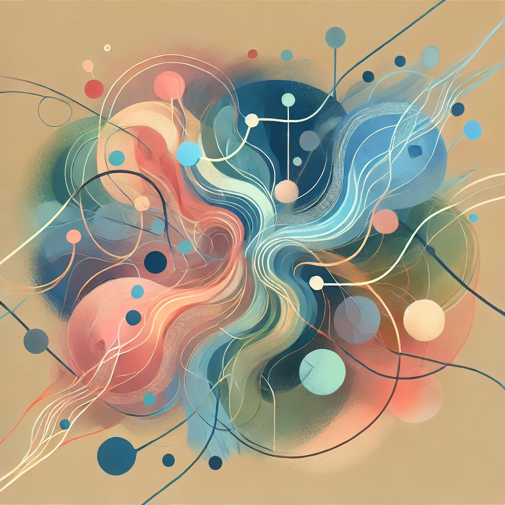 An abstract image featuring interconnected shapes and lines in soft, warm colors like blues, greens, and pinks, symbolizing emotional bonds and connection. The fluid and organic design suggests the complexity and interdependence of relationships.