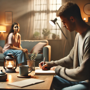 A person calmly writing in a journal at a table with a cup of tea in a serene home environment. Soft lighting and calming colors create a comforting atmosphere, while a supportive friend or family member sits nearby, offering reassurance. The scene conveys safety, support, and preparedness for mental health emergencies