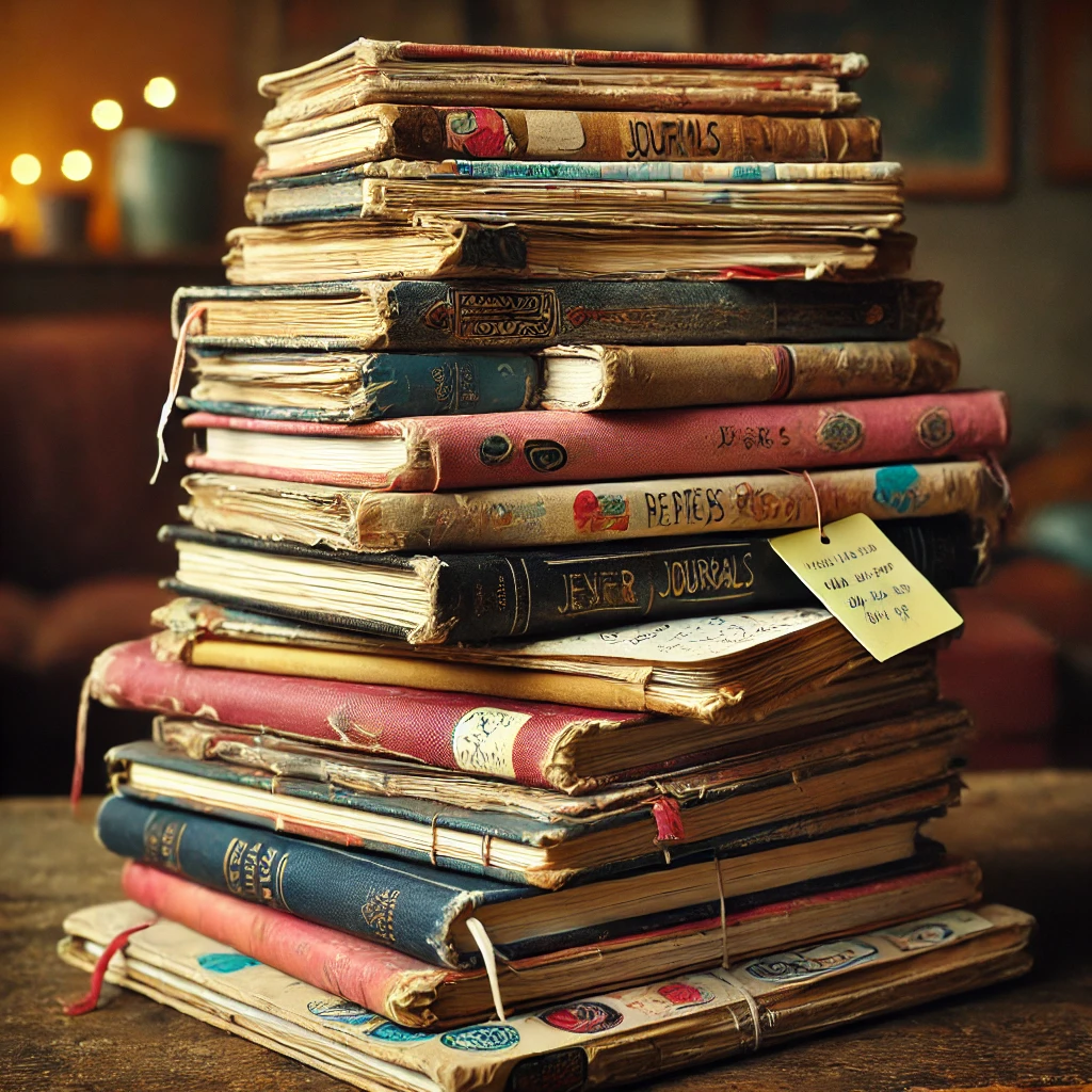 A stack of well-loved journals of various sizes and colors, with worn covers and pages showing signs of frequent use. Some journals have doodles, sticky notes, and bookmarks sticking out, creating a personal and cherished appearance. The journals are set against a cozy, warm background.