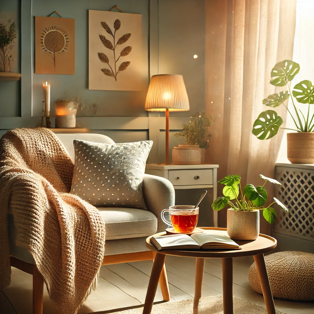 A peaceful living room with a comfortable chair, a side table holding a cup of tea, a journal, and a potted plant. Sunlight filters through a window, casting a warm glow, with soft, calming colors and inspirational quotes on the wall, creating a relaxing atmosphere for self-care.
