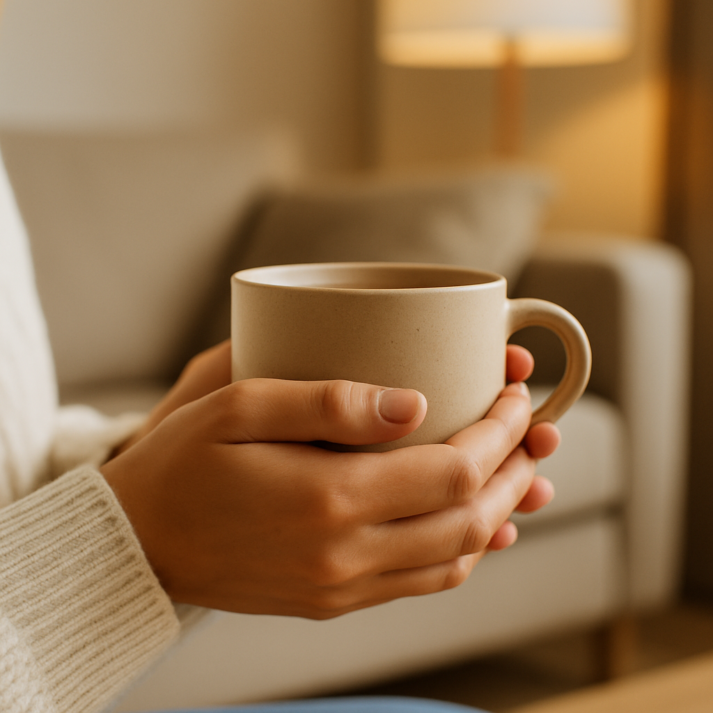 Close-up of hands gently holding a beige ceramic mug, with a blurred cozy living room in the background.