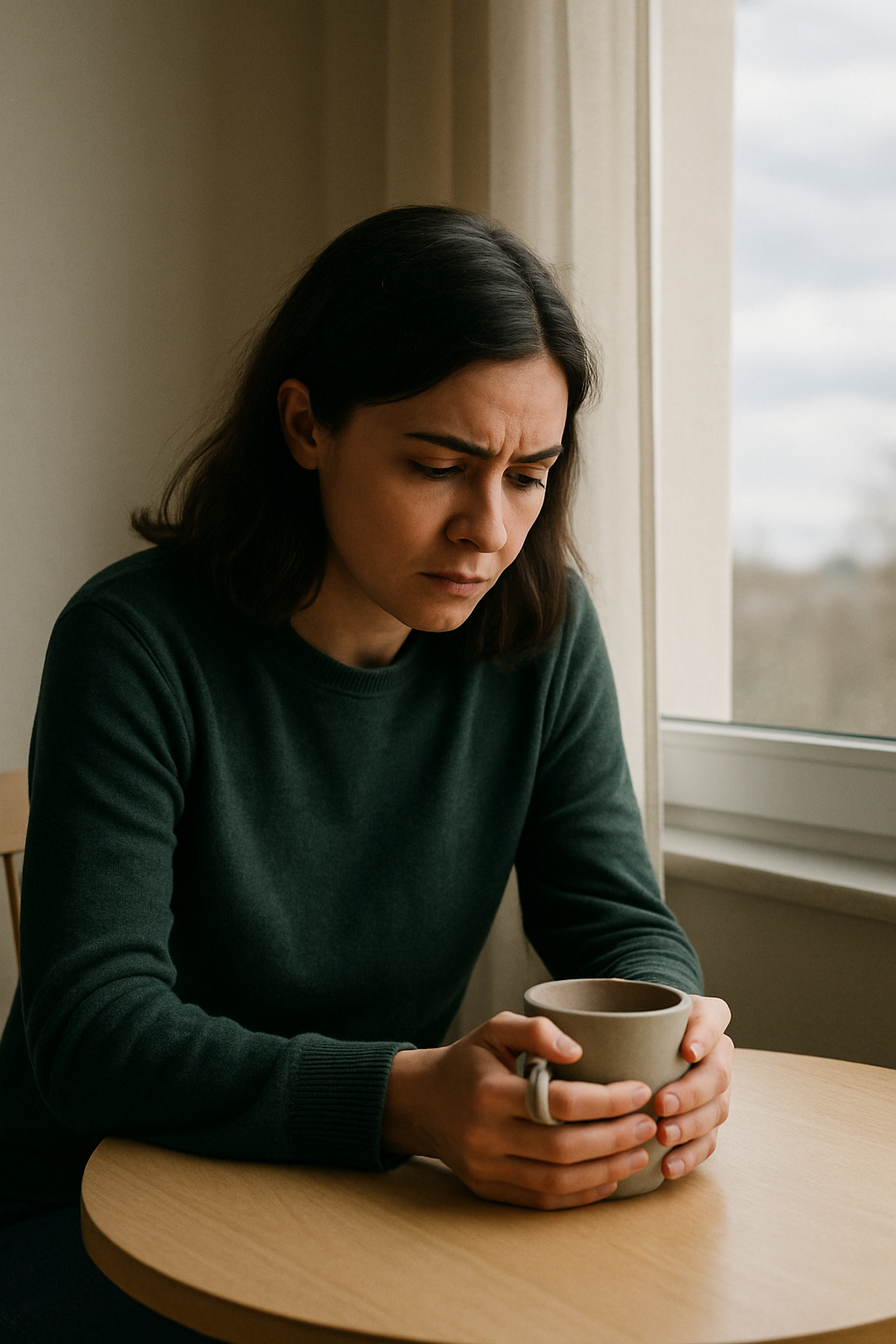 A person sits at a small table in soft daylight, holding a mug of tea with both hands. Their posture is thoughtful, symbolizing quiet reflection and worry.