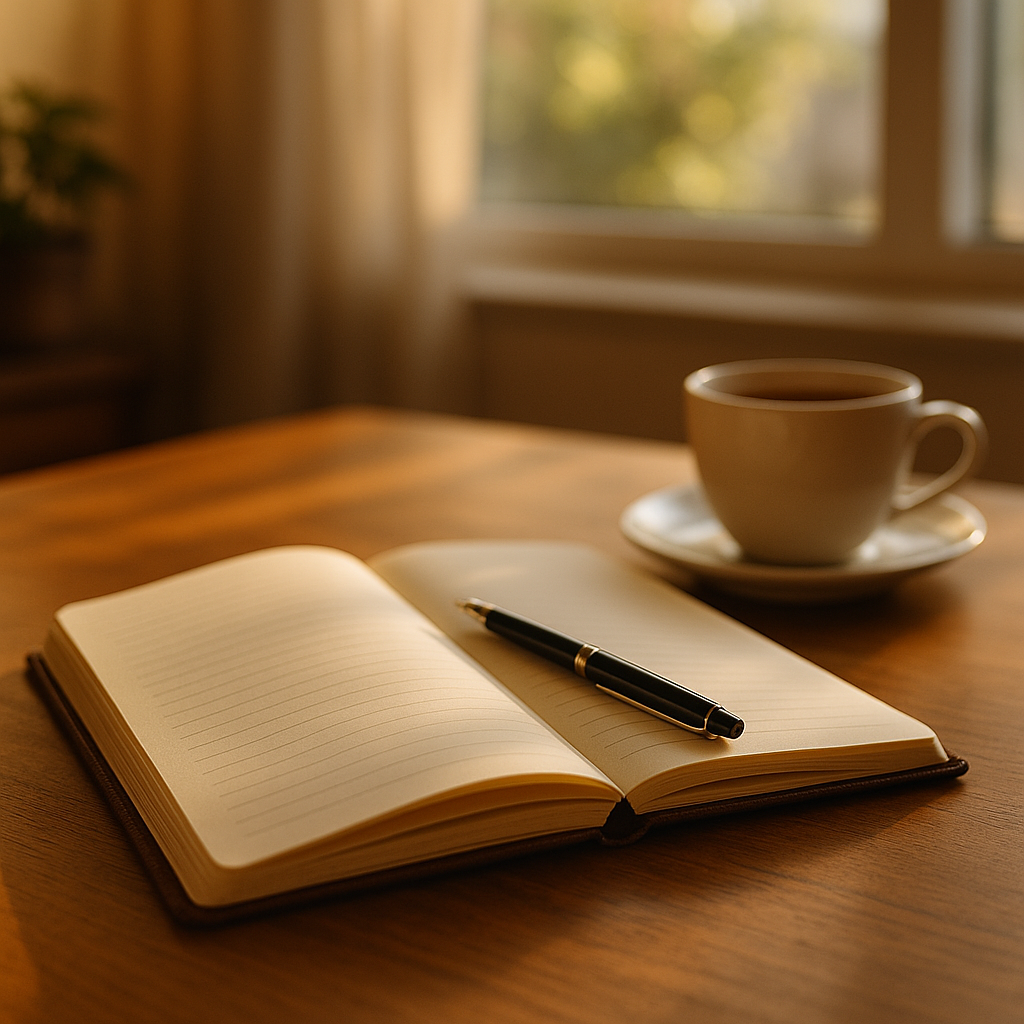Open journal and pen on a wooden table with soft natural light, symbolizing self-reflection and emotional clarity.