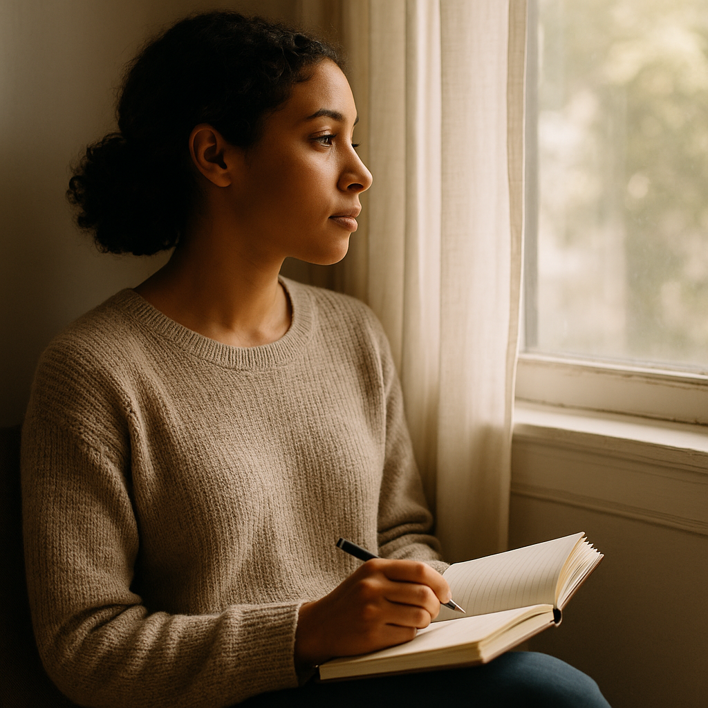 Person sitting by a window with a journal, reflecting quietly as sunlight streams in.