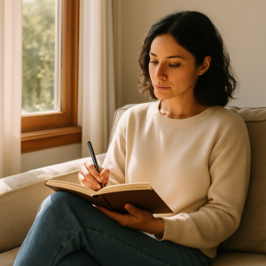 Person journaling by a sunny window, practicing self-reflection.
