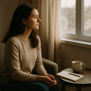 Person sitting by a window in soft natural light, pausing in reflection with a journal and cup of tea nearby, symbolizing peace and clarity.