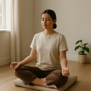 A woman sitting cross-legged on a cushion in a softly lit room, meditating calmly with natural light coming through the window.