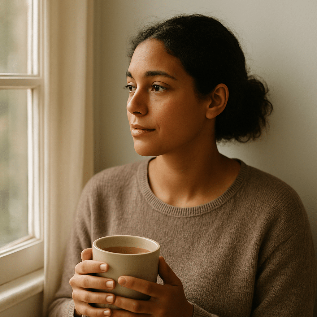 A person sits peacefully by a window with soft light, symbolizing emotional acceptance and self-reflection.