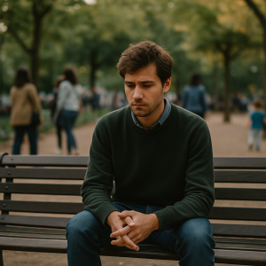 A person sits quietly on a park bench surrounded by people, symbolizing loneliness amid social connection.