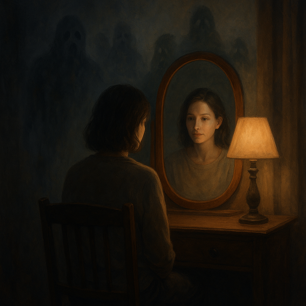A person gazes into a mirror as soft light reveals faint shadowy forms behind them, symbolizing self-reflection and emotional healing.