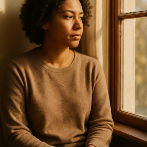 A person sits quietly by a window in warm natural light, symbolizing reflection and self-acceptance.
