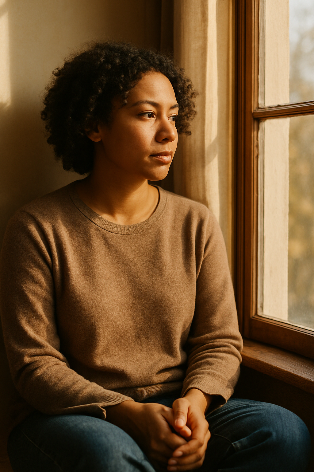 A person sits quietly by a window in warm natural light, symbolizing reflection and self-acceptance.