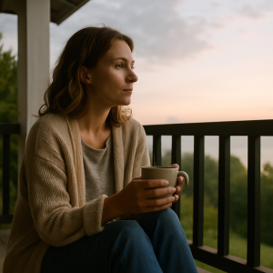 A person sits quietly on a porch with a mug, gazing into the morning light—symbolizing calm and reflection during uncertain times.