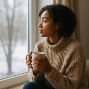 A person sitting near a bright window, holding a warm mug and looking outside at soft morning light, symbolizing hope and renewal during winter.