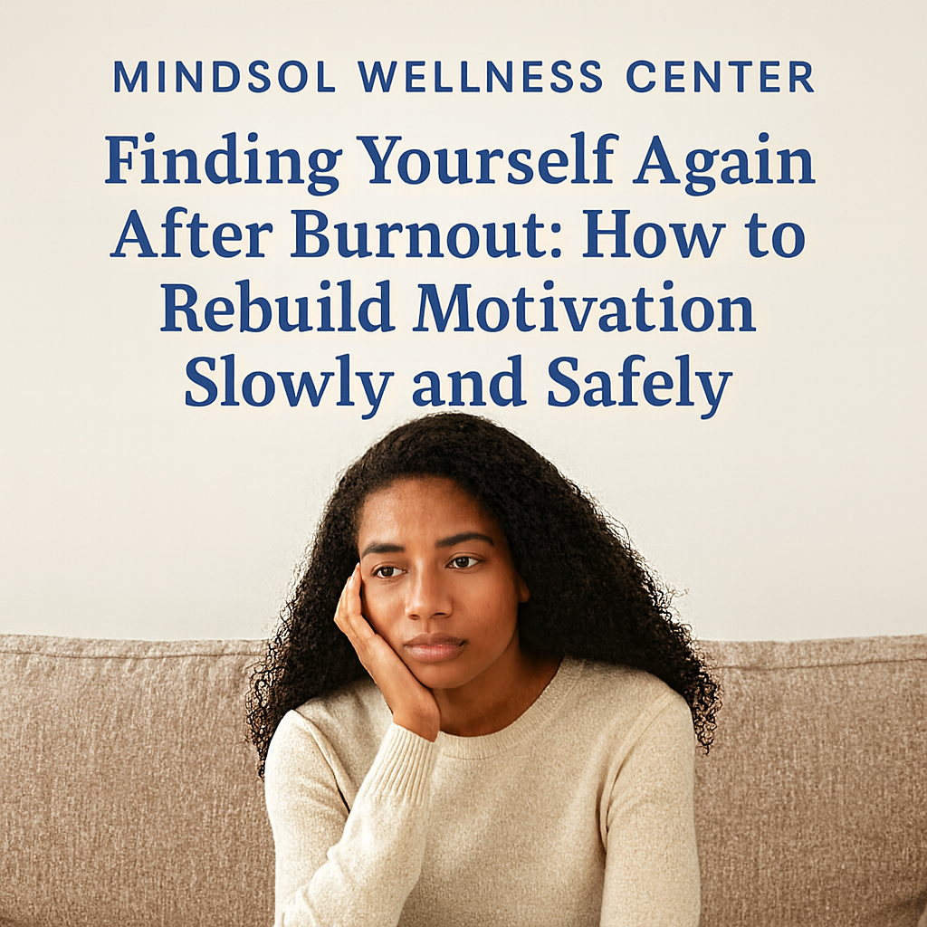 A young woman sits on a beige couch looking tired and overwhelmed, resting her face on her hand, with text above her reading “MindSol Wellness Center – Finding Yourself Again After Burnout: How to rebuild motivation slowly and safely.”