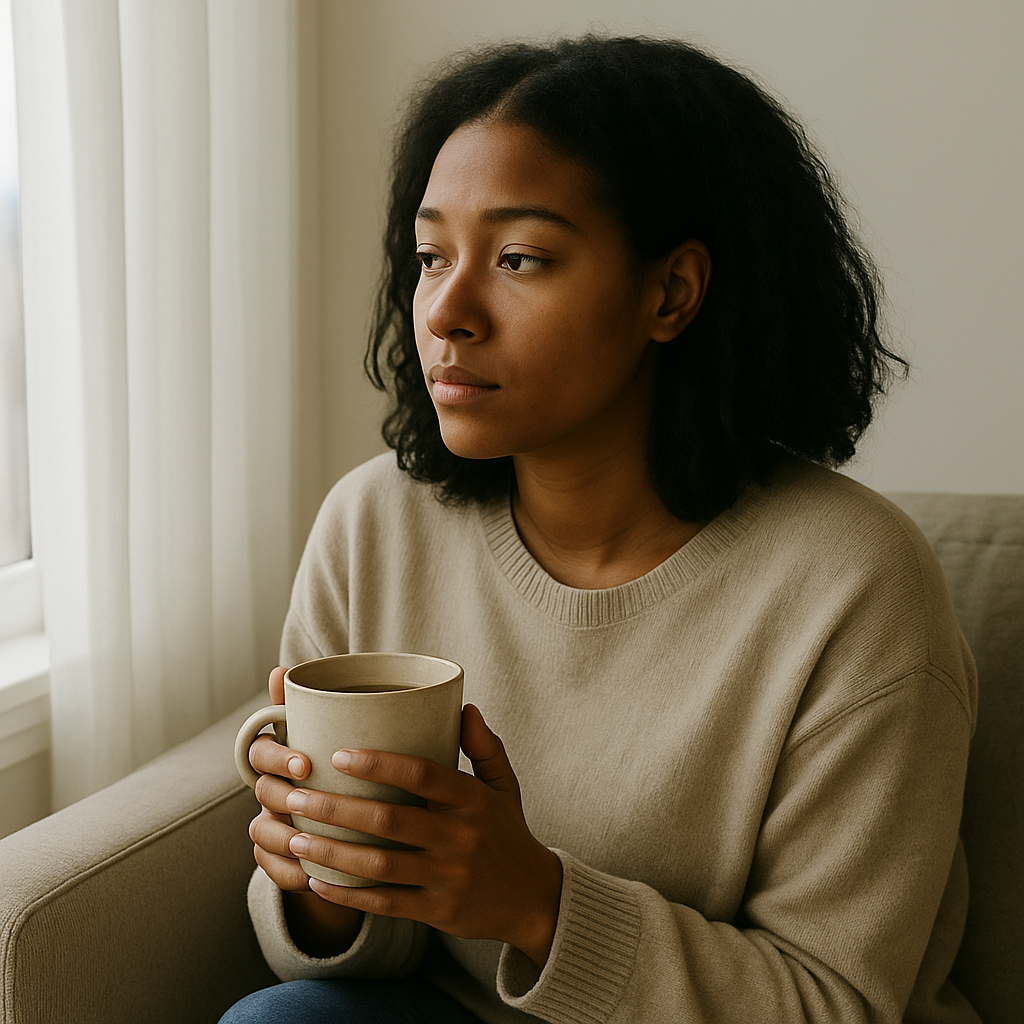 A person sits by a softly lit window with a cup of tea, reflecting quietly and representing emotional self-awareness.