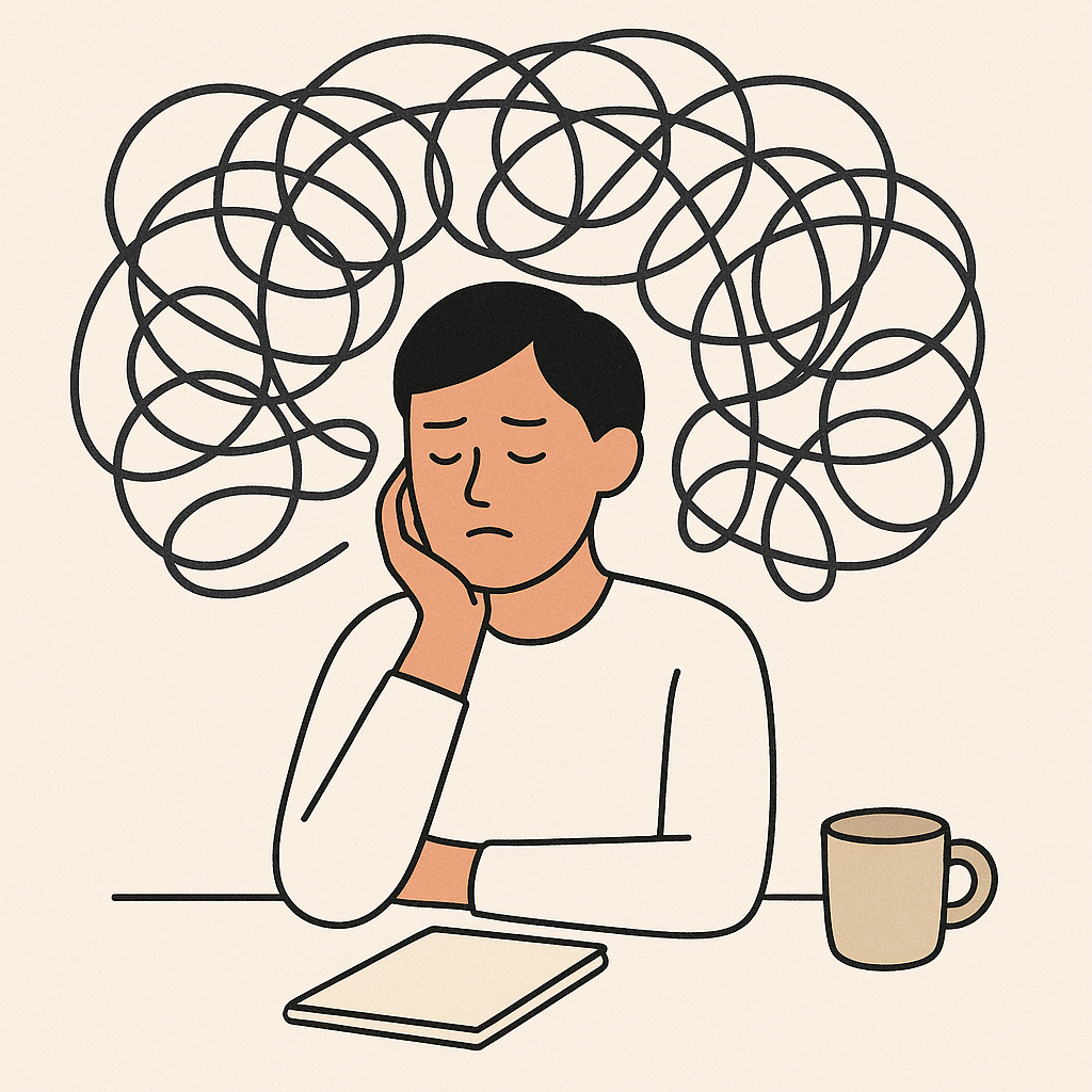 A calm, minimalist illustration of a person surrounded by tangled lines representing mental overload, symbolizing the experience of having too many thoughts and responsibilities at once.