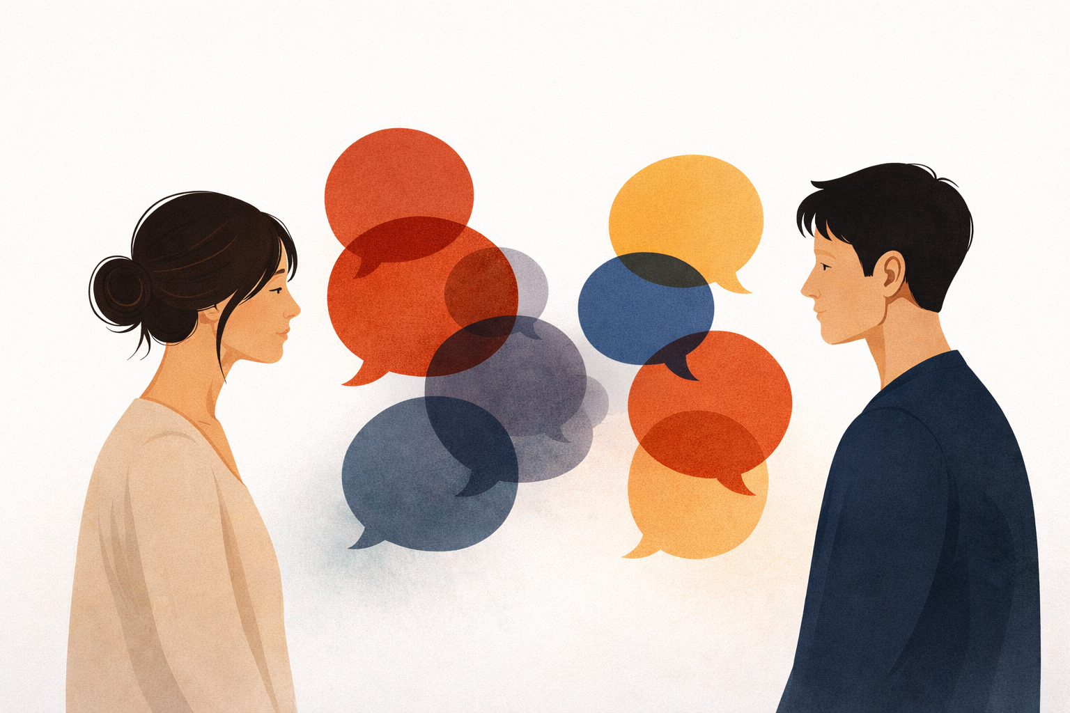 Illustration of two people facing each other with overlapping speech bubbles between them, representing unspoken expectations and communication breakdown in a relationship.