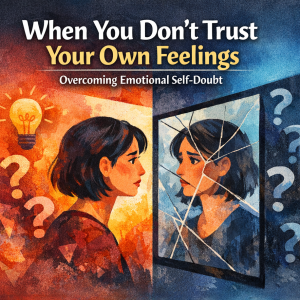 Illustration of a woman looking at her cracked reflection in a mirror, surrounded by question marks, symbolizing emotional self-doubt and learning to trust your feelings.