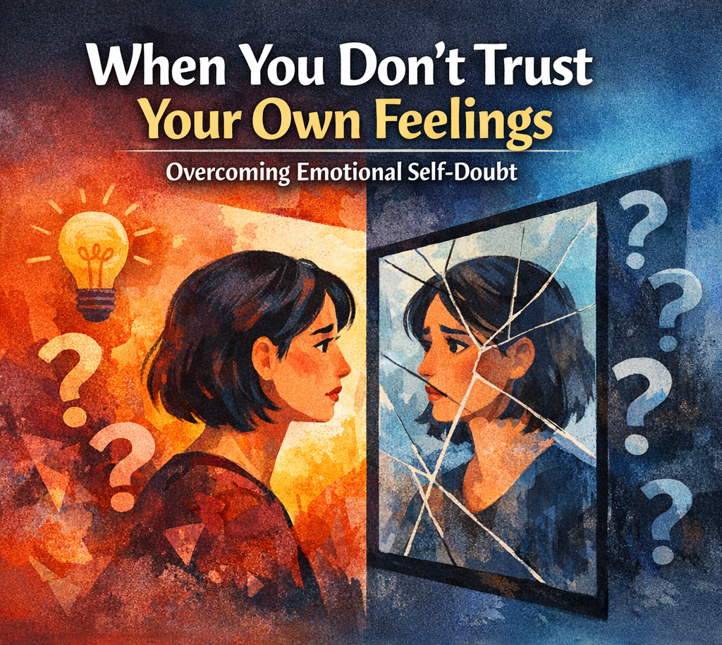 Illustration of a woman looking at her cracked reflection in a mirror, surrounded by question marks, symbolizing emotional self-doubt and learning to trust your feelings.