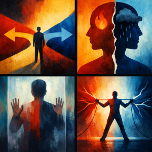 Abstract illustration of a person divided between two opposing forces, symbolizing internal conflict and emotional stagnation