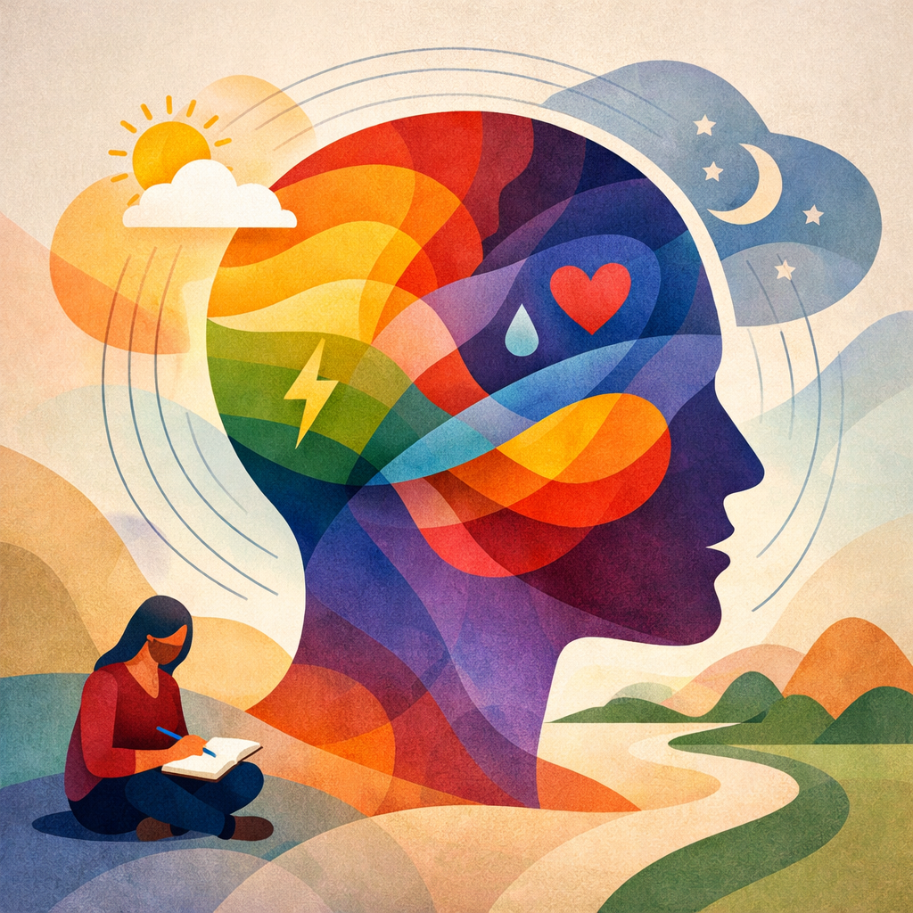 Abstract illustration of a person with layered colors inside symbolizing emotional awareness and learning to recognize feelings