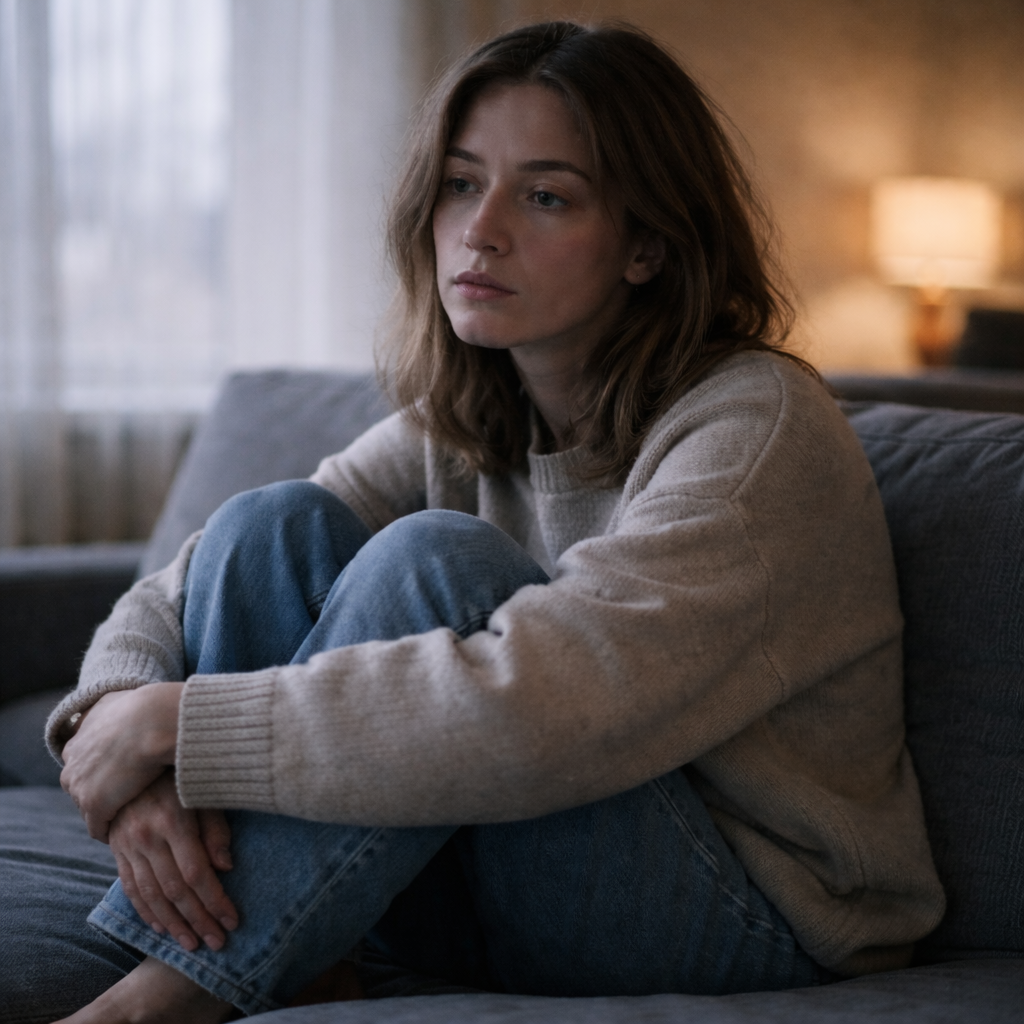 Person sitting alone looking distant and emotionally disconnected