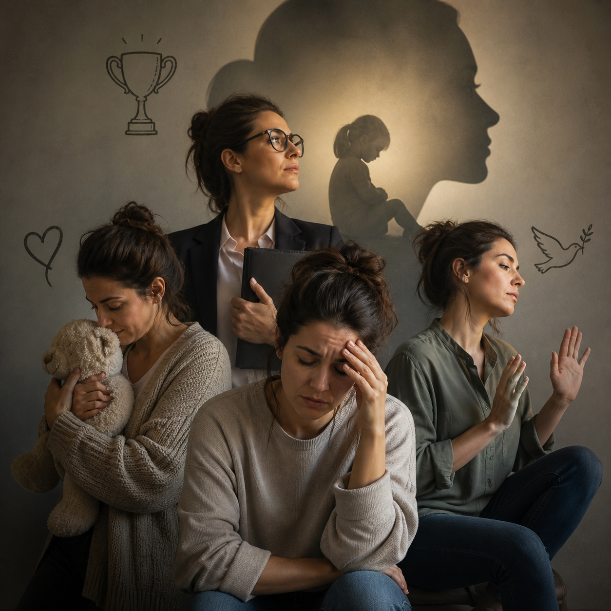 Abstract representation of childhood emotional roles influencing adult stress responses