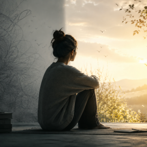Person sitting quietly in a muted environment with soft light symbolizing emotional reconnection and difficulty experiencing joy