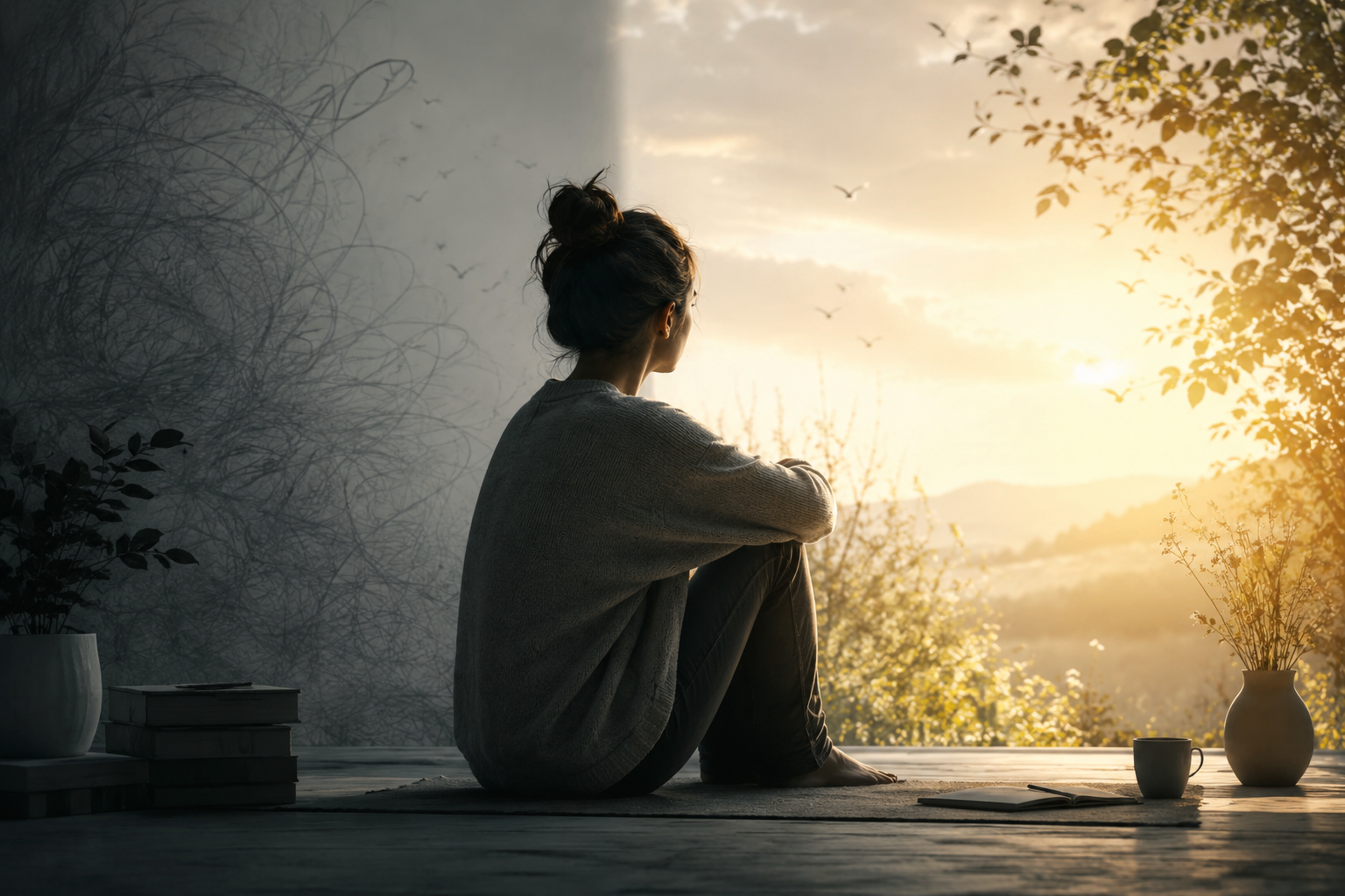 Person sitting quietly in a muted environment with soft light symbolizing emotional reconnection and difficulty experiencing joy