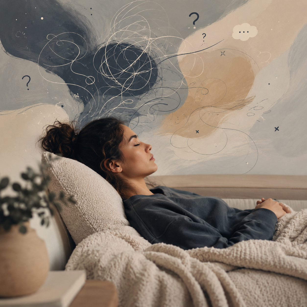 Abstract illustration representing the discomfort of trying to rest while feeling mentally overwhelmed