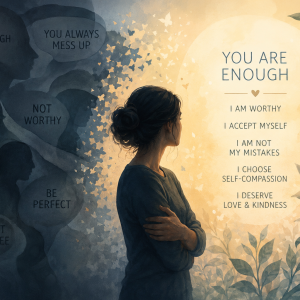 Abstract illustration representing the emotional impact of shame on self-worth and the process of healing through self-compassion.