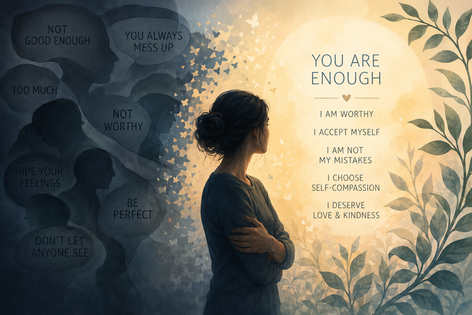 Abstract illustration representing the emotional impact of shame on self-worth and the process of healing through self-compassion.