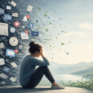 Person sitting between a chaotic stream of notifications and a peaceful landscape, representing emotional overload and the need for mental recovery in a fast-paced digital world.