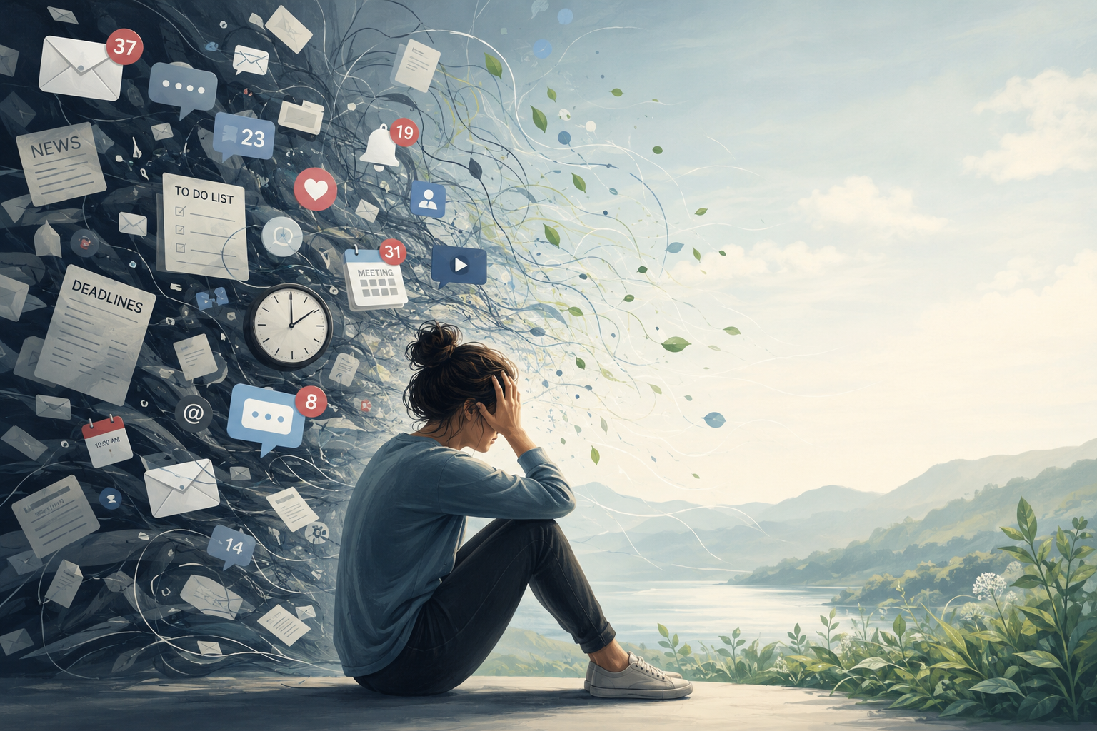 Person sitting between a chaotic stream of notifications and a peaceful landscape, representing emotional overload and the need for mental recovery in a fast-paced digital world.