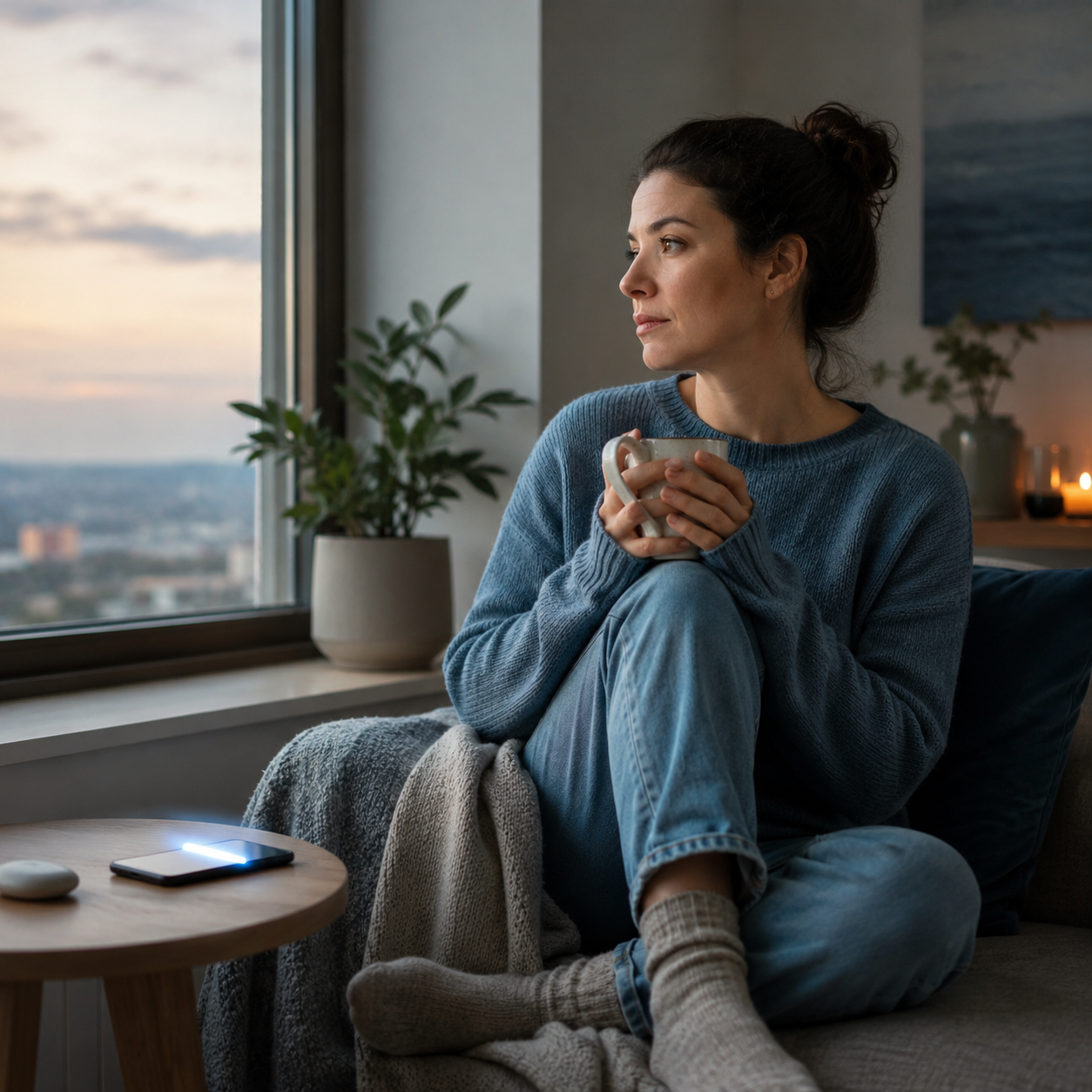 t: Reflective person sitting alone while considering emotional independence and connection