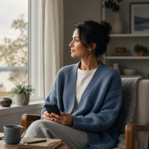 Thoughtful adult reflecting after stepping away from social media comparison