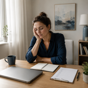 Person reflecting at a desk after work, representing the connection between productivity and self-worth