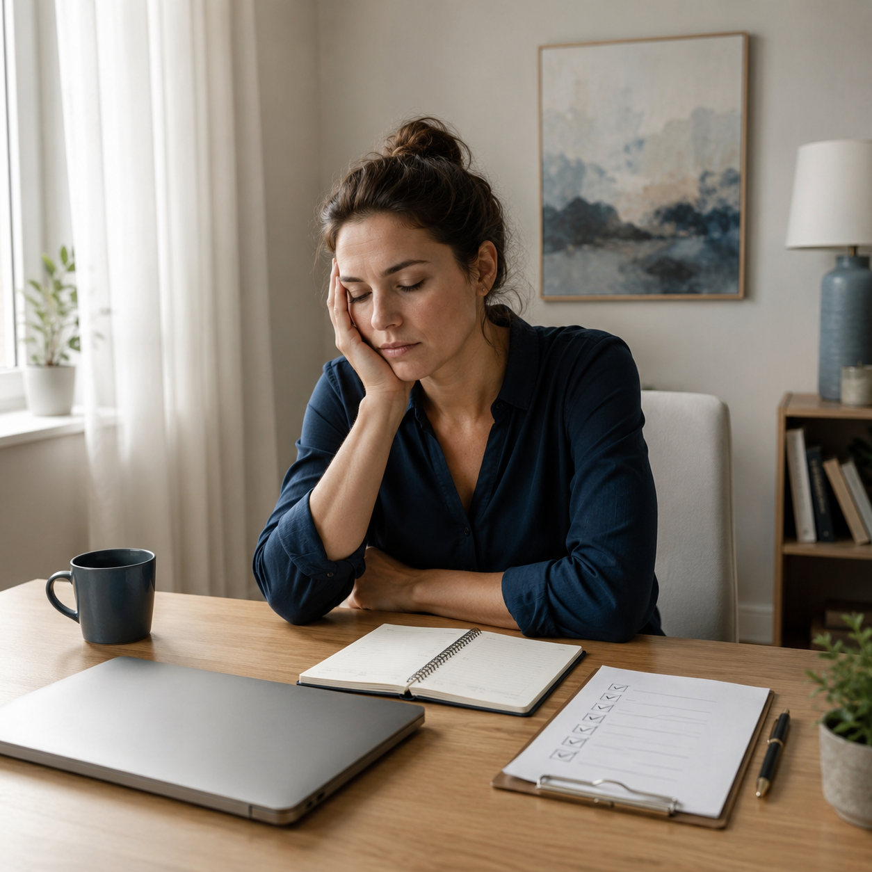 Person reflecting at a desk after work, representing the connection between productivity and self-worth
