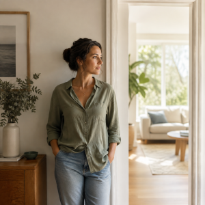 Thoughtful adult pausing in a doorway while navigating a life transition