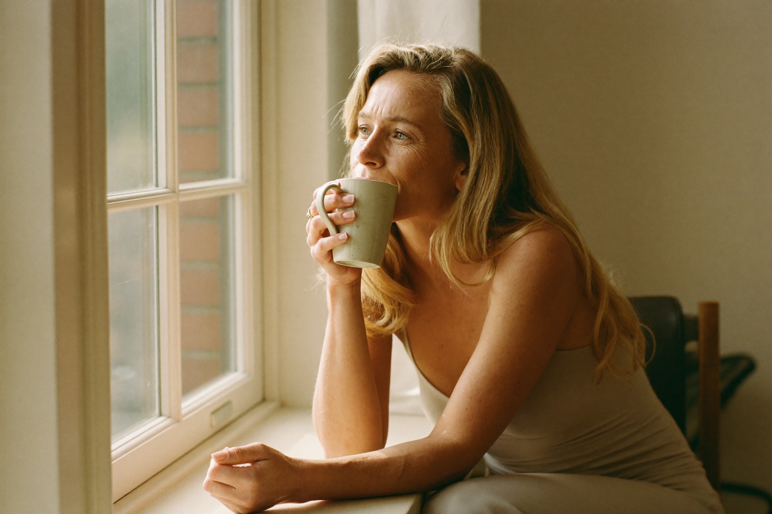 A woman sitting by a sunlit window with a mug, looking calm and unhurried